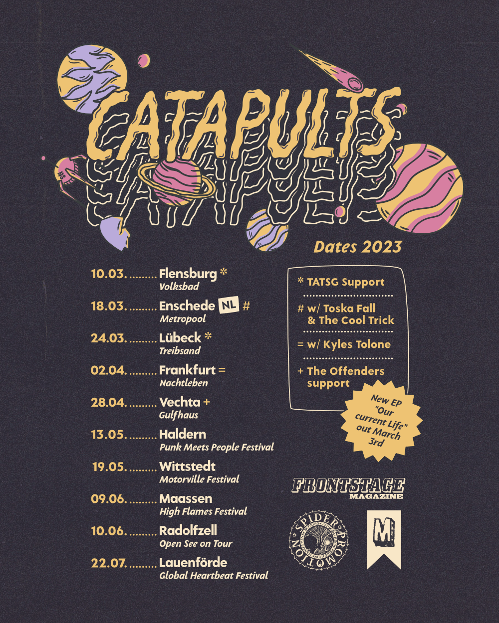 Catapults tour poster design with elements of Our Current Life artwork