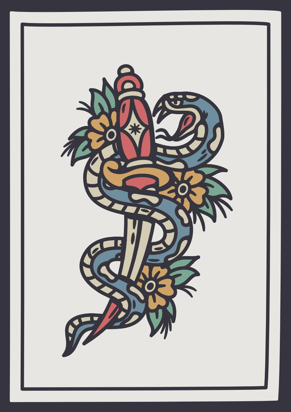 Dagger & Snake design with a blue snake and yellow decorational flowers