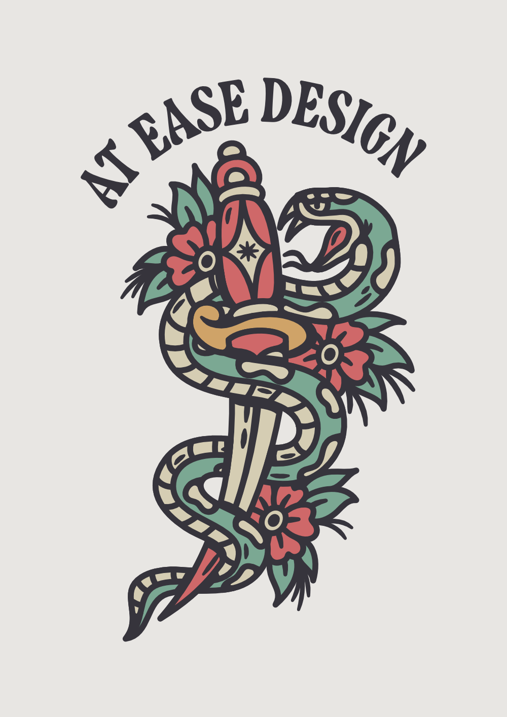 Dagger & Snake design with a green snake and red decorational flowers