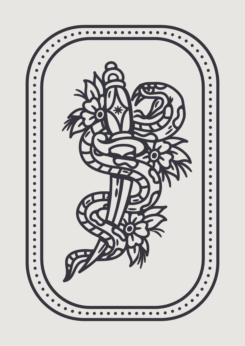 Dagger & Snake design black & white only positioned in a frame