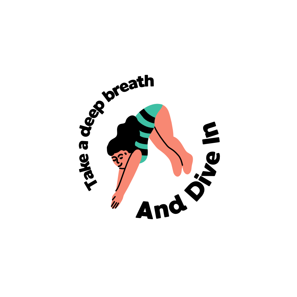 Dive In design with diving female character in green bathing suit and angled legs