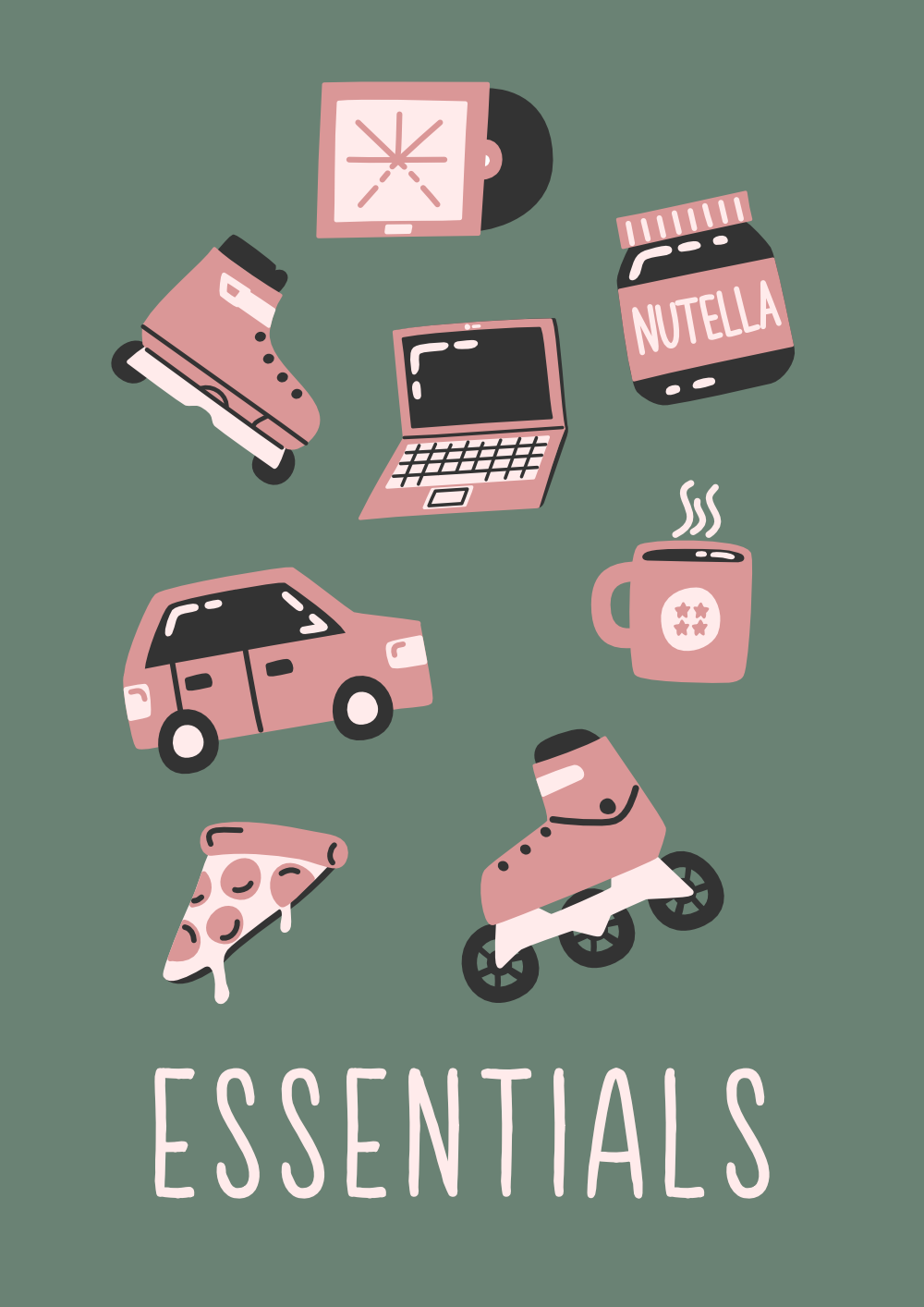 Essentials poster design with all mini illustrations on green background