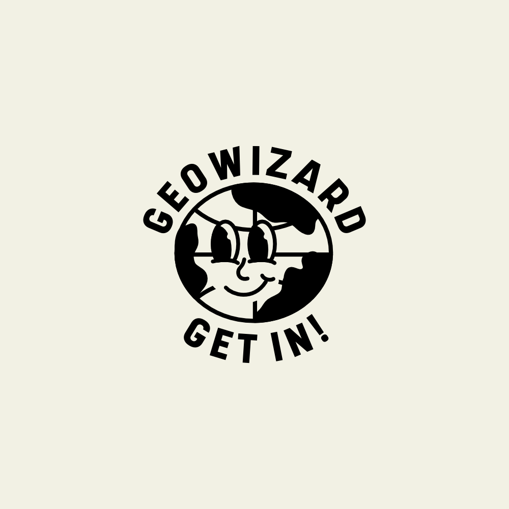 GeoWizard fan merchandise circular design with character mascot face and 'GET IN' word mark