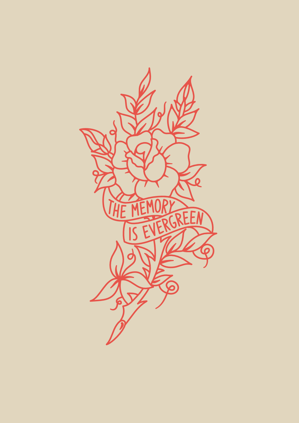 The Memory Is Evergreen design with rose as only red outlines